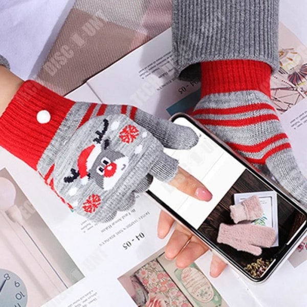 TD® Damer vinter halvhands flip tyk varm strikket sød juledesign fingerløse handsker