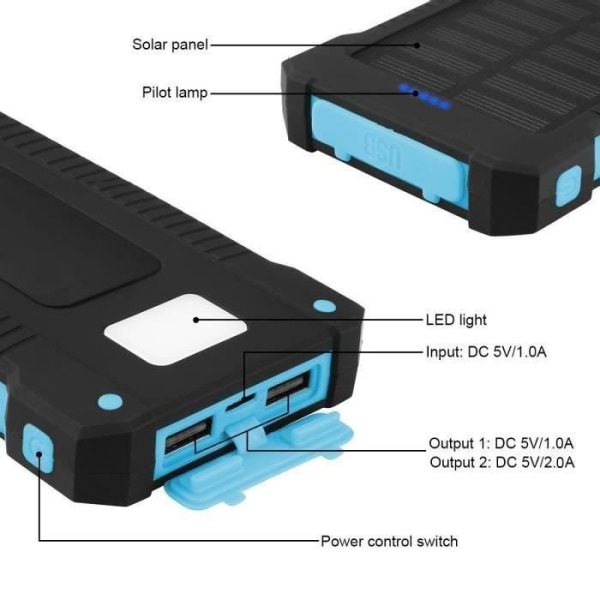 Solcelle Powerbank 10000mAh Vandtæt Nødstrømsbatteri Kraftfuld Oplader 2 USB-porte Kompas Rejse Lommelygte Blå svart