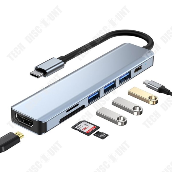 TD® Hub USB C 7 i 1 Multiport Type C-adapter med HDMI 4K, SD/TF kortlæser, USB 3.0- og USB 2.0-porte, PD-port 87W