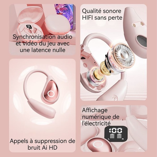 Trådløse høretelefoner - MÆRKE - Model - Bluetooth 5.4 - Batteritid 8 timer - Rosa læderetui Rosa