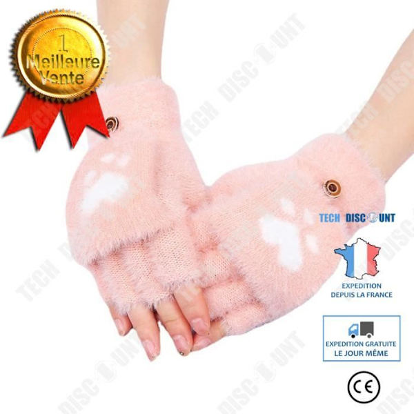 TD® varma stickade handskar plus köldbeständiga mink tecknade handskar för flickor med halvfinger flip handskar