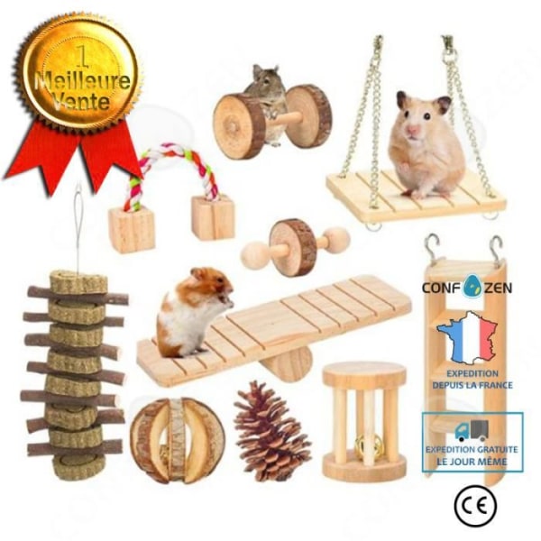CONFO 10-delade set Hamstertuggleksaker Naturligt trä Gerbils Råttor Chinchilla Leksaker Tillbehör Hantlar Träningsklocka Ro