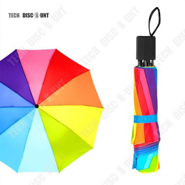 TD® Regnbuefarvet sammenklappelig paraply til voksne multicolor farveret til regnvejr eller solrigt vejr slidstærk sammenfoldelig tre gange