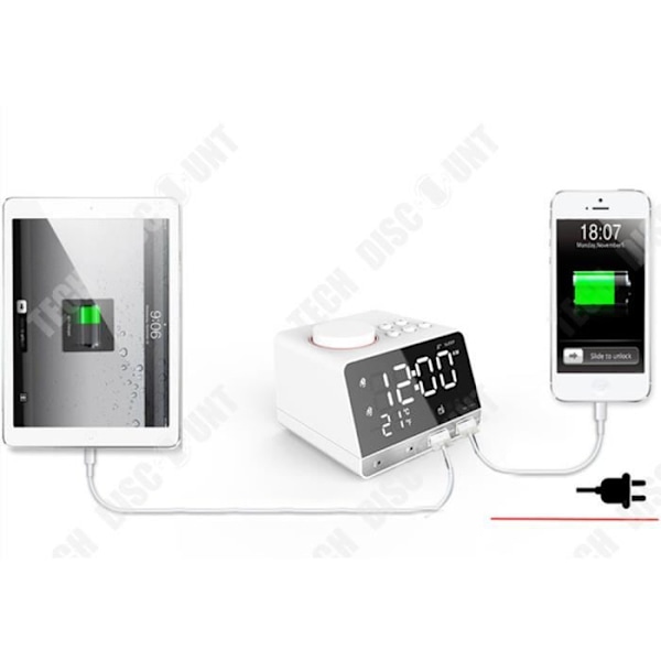 TD® Digital vækkeur, spejl, højttaler, termometer, ur, radio, USB-opladerstativ, gave til kvinder mænd