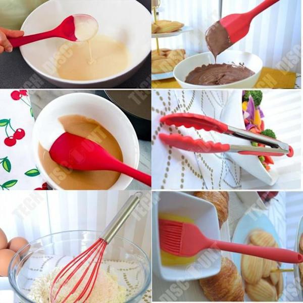 TD® 10 kpl Silikoni Keittiövälineet Spoonula, Sivellin, Vatkain, Spatula, Kauha, Reikäpohjainen Käänteinen ja Lusikka, Tönäisit, Pastahaarukka - Puna