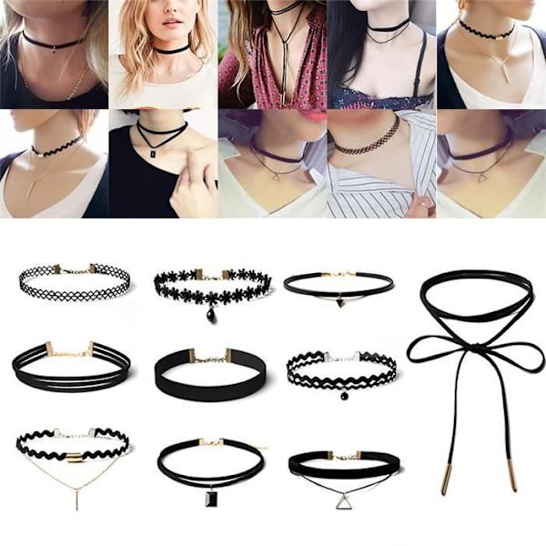 Choker - Billig - 10 stk - Fløjl - Sort - Kvinder Svart