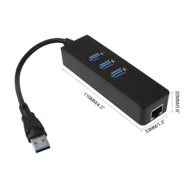 RJ45 Ethernet-adapter - USB 3.0 - 3 porte - 1000 Mbps - Sort - Kablet netværkshub