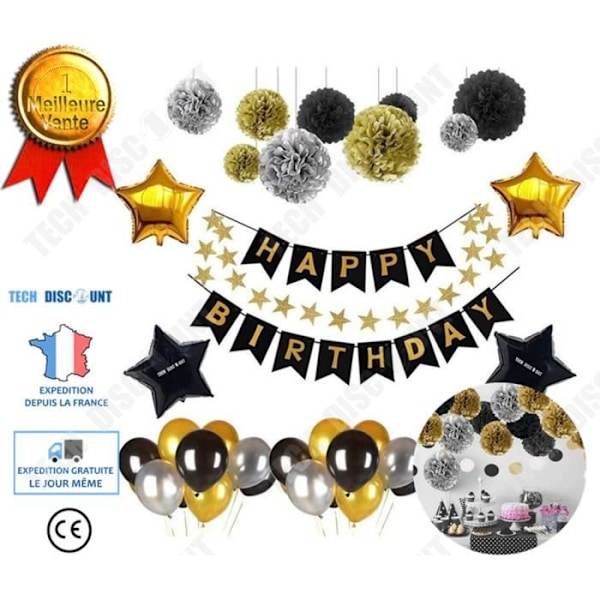 TD® Baby, Barnfödelsedagsdekorationsset/ballonger, pappersblombollar, femuddig stjärnfolie, guld, silver, svart