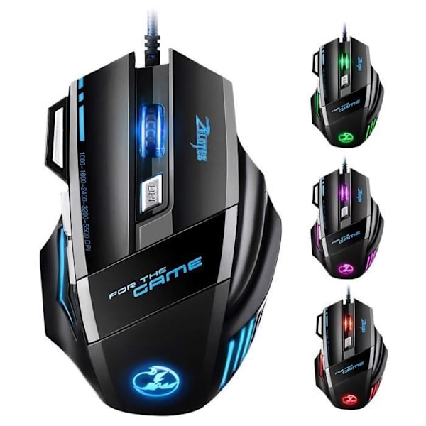 Spelmus - TD® - Kabelansluten - 5 DPI-hastigheter - 7 färger - Ergonomisk svart