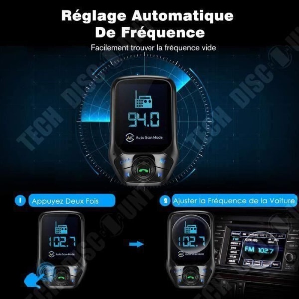 TD® FM Bluetooth Transmitter Adapter 3 USB til Bil med Hurtig Opladning, 1.8” Skærm - Håndfri Kit & FM Frekvensjustering