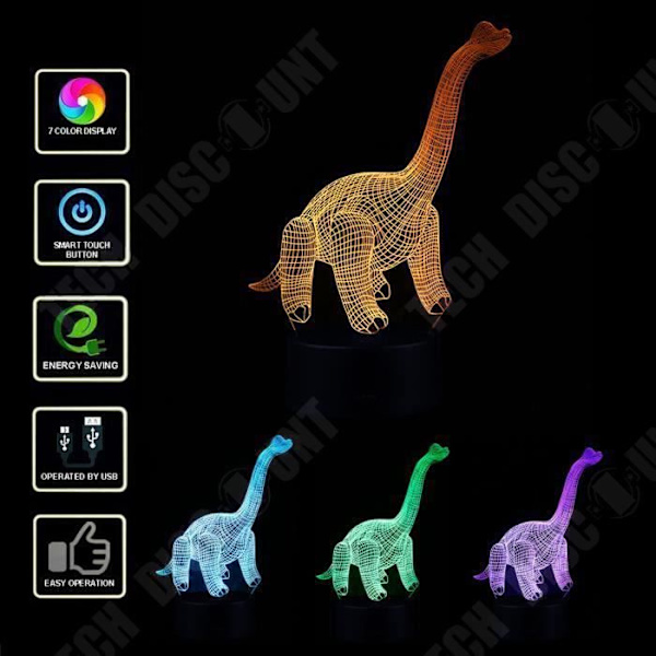 TD® Dekorativ berøringsfølsom optisk lampe 7 farver optisk illusion - model diplodocus - lavt forbrug USB-kabel 3 AA-batterier