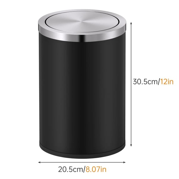 Liten soptunna med svänglock 2,4 gallons/9 liter, mini soptunna med lock, cylindrisk soptunna i rostfritt stål för hem och kontor (svart)