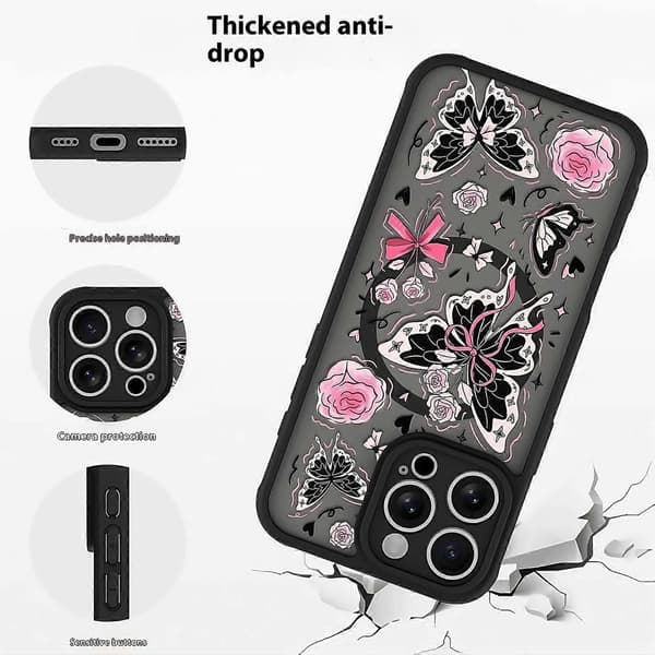For iPhone 15 Pro Max Deksel Kompatibelt med MagSafe Mønstertrykt Design PC + TPU Telefondeksel-lingling} Black Bow