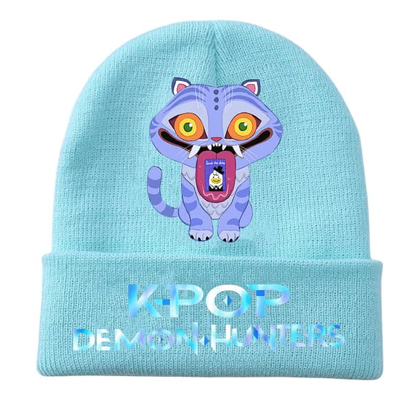KPOP Devil Hunter Tema Stickad Mössa, Lockig Ullmössa, Tryckt Ullmössa, Varm Utomhusmössa, Vuxen Blå - 1 Blue-1 One size