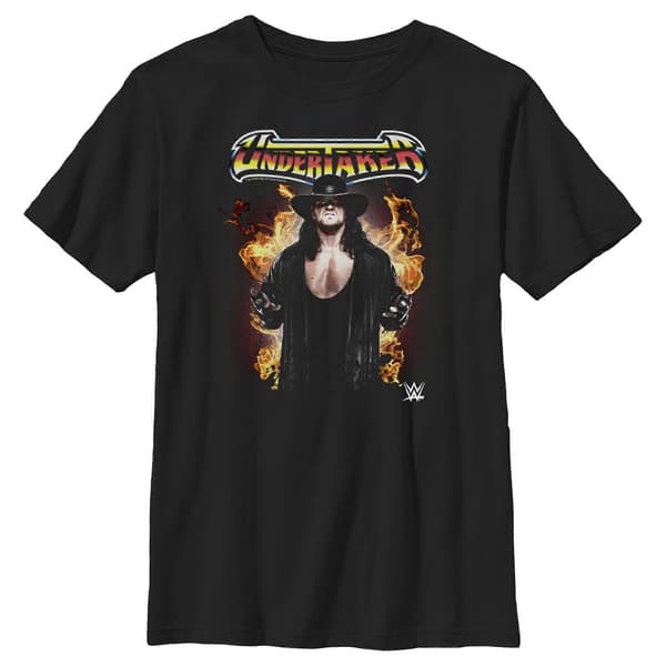 WWE Undertaker T-shirt med flammemønster til drenge, sort, størrelse small. S