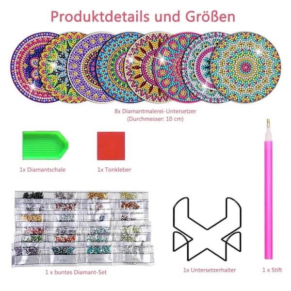 8-delt diamantmaleri coaster- og stativsæt, DIY