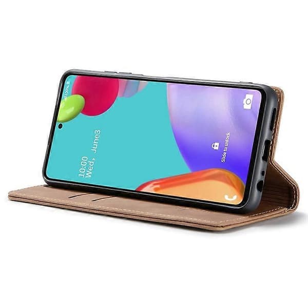 Äkta läderplånboksfodral med ställ, kompatibelt med Samsung Galaxy A52 Brown