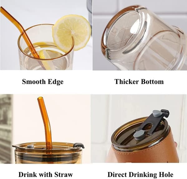 40cl Isolerad Vattenflaska med Sugrör och Dammskydd, Kaffeiskkopp, Dubbelväggig Isolerad Glasmugg (Bärnsten - 2-pack)