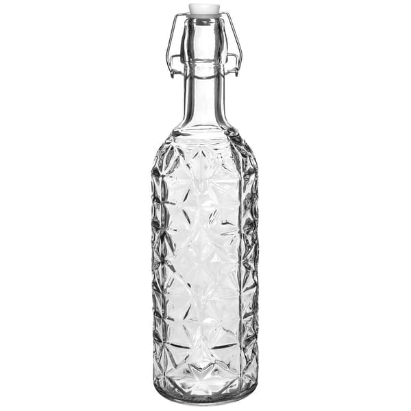Vacker glasflaska med lock och hållare, lämplig för förvaring av drycker. 309