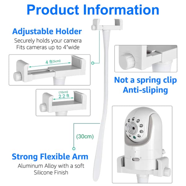 Universal babymonitorstativ, forlenget hvitt fleksibelt silikonstativ for babykamera