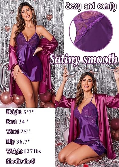 Lilla V-hals blonde satin pyjamas til kvinder Purple M