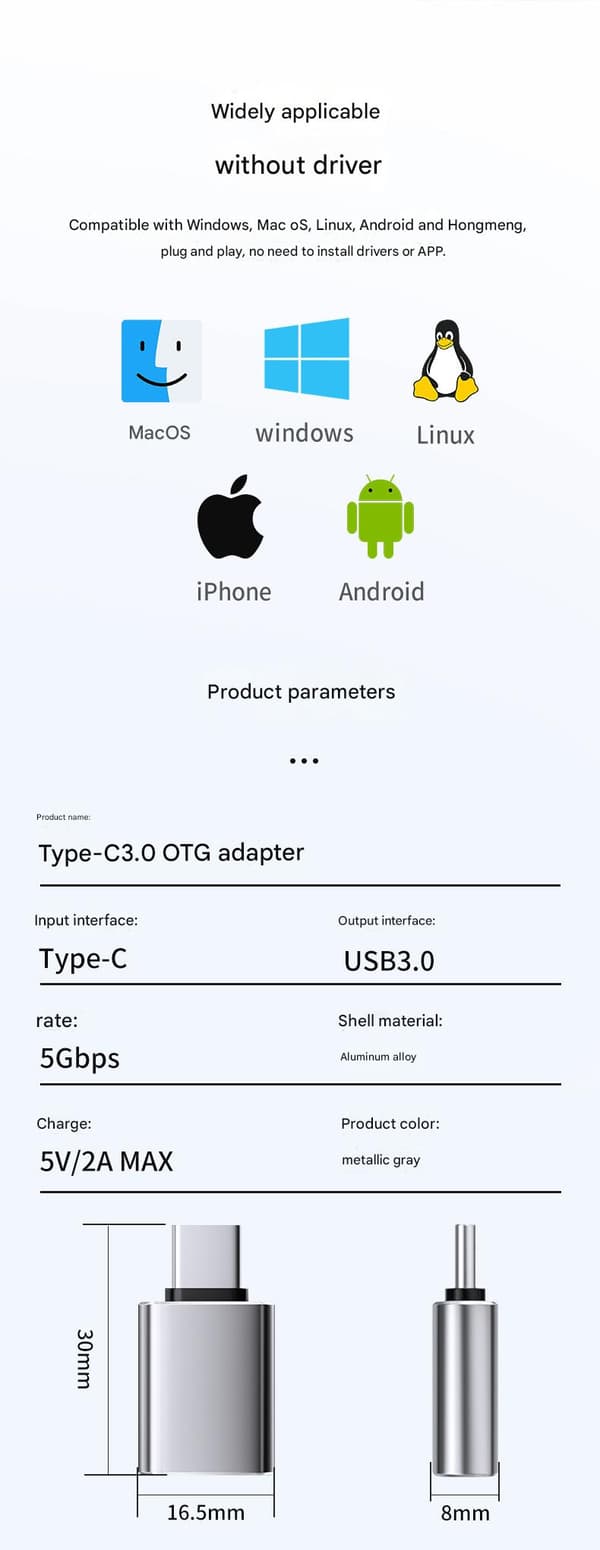 Type-C–USB-liitäntä – OTG-sovitin – Matkapuhelimen USB-muunnin – USB 3.0 -muunnin Silver