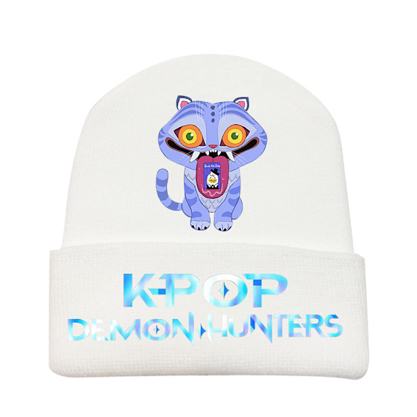 KPOP Devil Hunter Tema Stickad Mössa, Lockig Ullmössa, Tryckt Ullmössa, Vintermössa för Utomhusbruk, Vuxen Vit - 1 White-1 One size