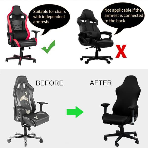 Gaming stoldeksel med armlener, svart elastisk, vaskbart, egnet for gamingstoler, kontorstoler og dreiestoler.