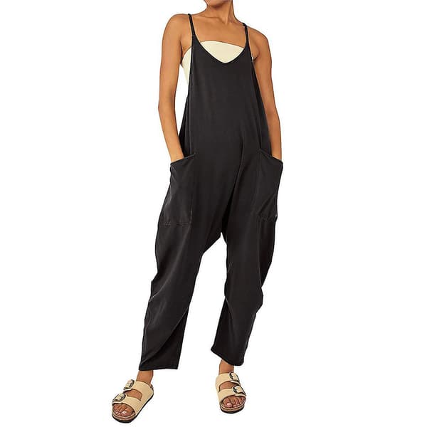 Dame forår/sommer afslappet løs lang jumpsuit med lommer sort Black L