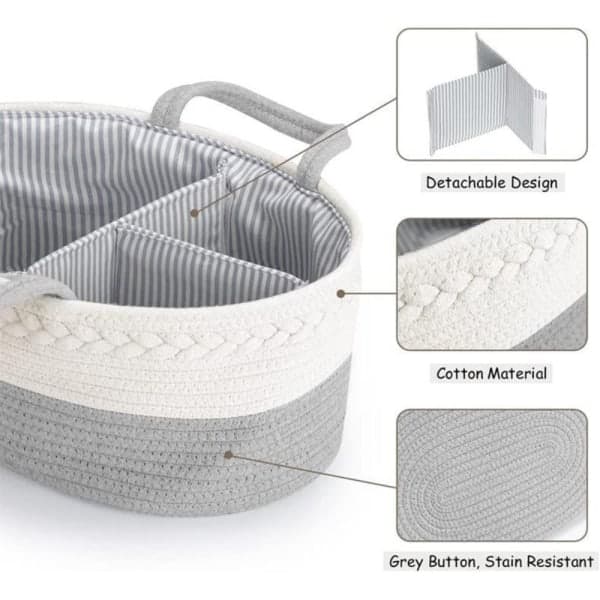 Grå babyförvaringskorg rep skötväska grey