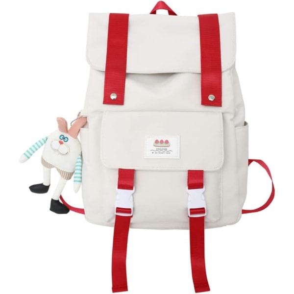 Estetisk ryggsäck för Shcool Ryggsäck för flickor Bokväskor för kvinnor Estetiska ryggsäckar för flickor med kaninhänge (vit och röd)
