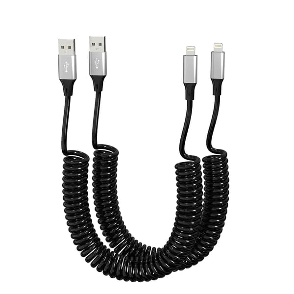 Tvåpack spiralsnodda Lightning-kablar, kompatibla med iPhone och Apple CarPlay.