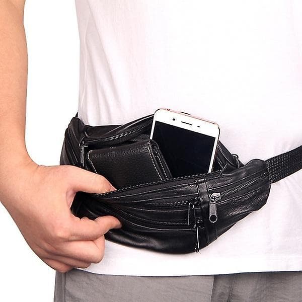 Retro ægte læder vandtæt herre-mavetaske, sort Black