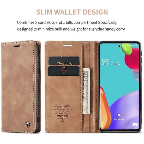 Äkta läderplånboksfodral med ställ, kompatibelt med Samsung Galaxy A52 Brown