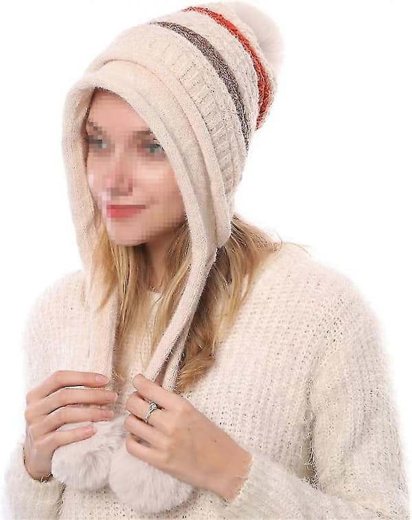 Strikket hue - Vinterhue med øreklapper til kvinder -lingling} Beige