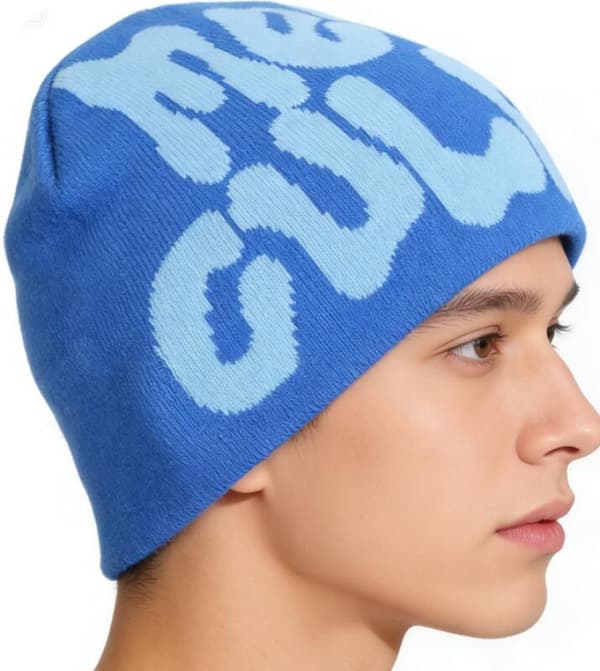 Y2K MEA Culpa Grunge Ullstickad Mössa, Vintervarm Mössa, Hip Hop Bokstav Jacquard Mössa - Blå Blue