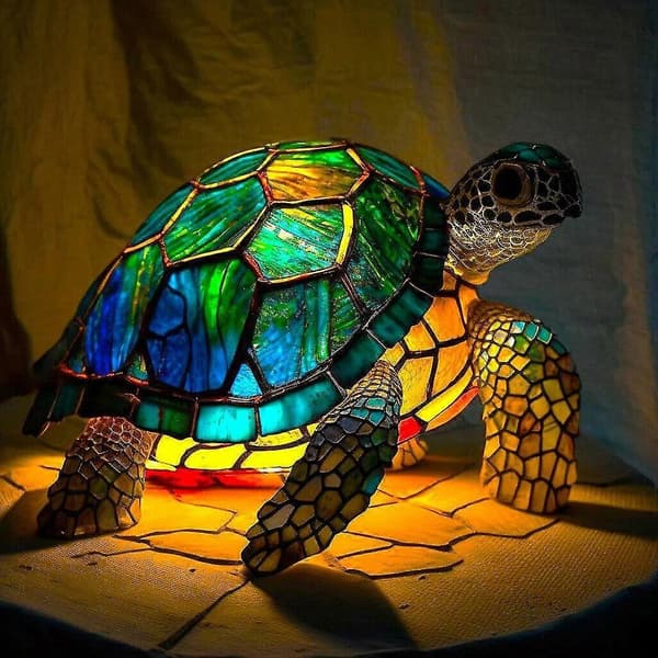 Dyretemaet farvet glas natlampe, retro bordlampe, gave turtle