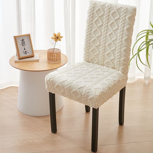 3D Jacquard Plysch Stolöverdrag 4-pack - Krämfärgade Matsalsstolsöverdrag