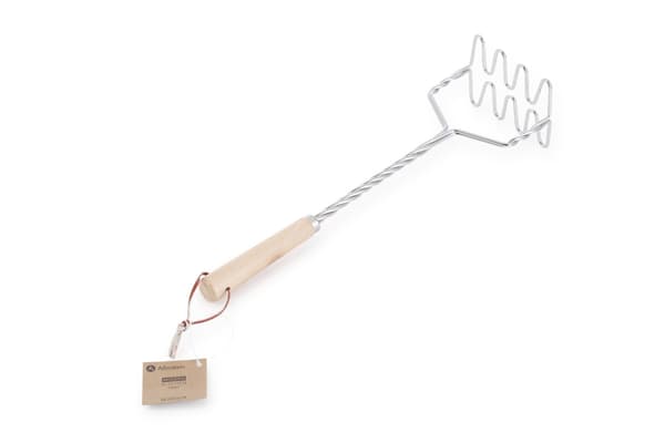 Modern kök potatisstöt i rostfritt stål med trähandtag, 34 cm