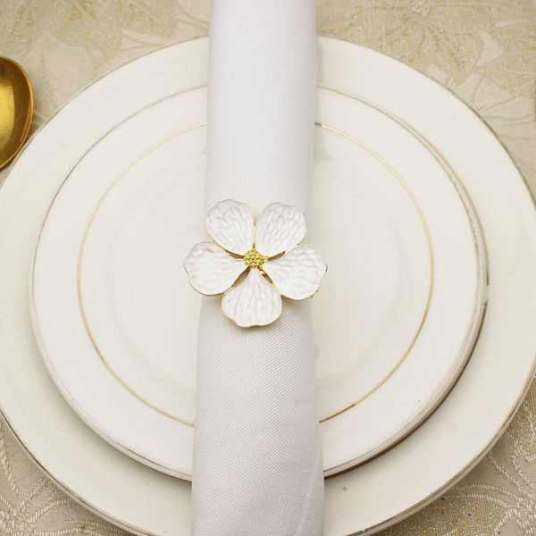 6 st Blomservettringar Set Guld Servettringhållare Vit Blommig Serviett Spännen Middagsbordsdekor för bröllopsfest Thanksgiving