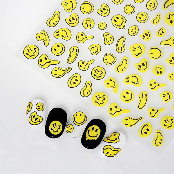 Graffiti Roliga Nail Art Stickers Abstrakt leende ansikte Nageldekaler 3D självhäftande modetrend Charm Gul vridet leende ansikte 5 st