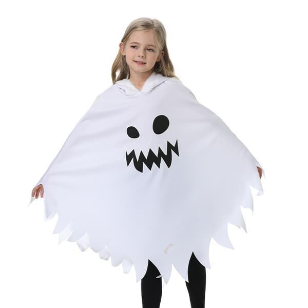 Halloween-barnkostym: Vitt spökansikte-cape-set, lämpligt för fester. M(7-9Y)
