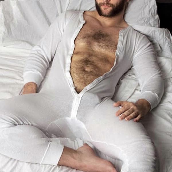 Herre Hel Lang Johns Nattpysjamas-lingling} White S