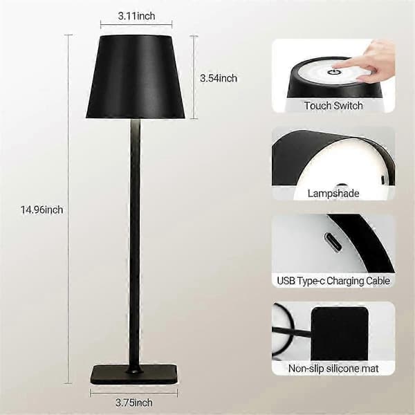 Moderne Led Bærbar Trådløs Bordlampe, USB Genopladelig Touch Skrivebordslampe, 3 Farve Trinløs Dæmpning Sengelamper Sort-lingling}