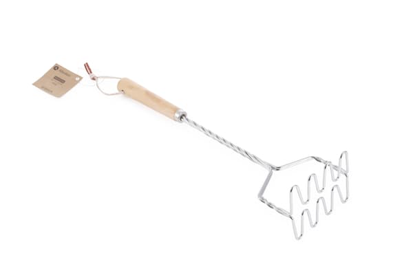 Modern kök potatisstöt i rostfritt stål med trähandtag, 34 cm