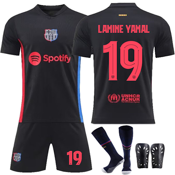 Påskerbjudanden! Högkvalitativ 2425 Barcelona bortatröja svart fotbollströja set-Yamal+strumpor+benskydd S(165-170cm)