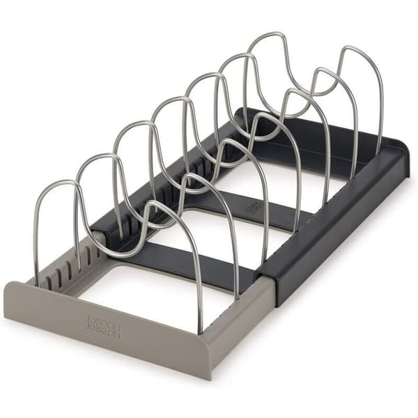 This pot rack/trimmer/kitchen storage rack has 7 adjustable compartments and is perfect for storing kitchen utensils, frying pans, pot lids, and more.