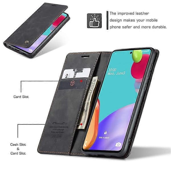 Äkta läderplånboksfodral med ställ, kompatibelt med Samsung Galaxy A52 Black