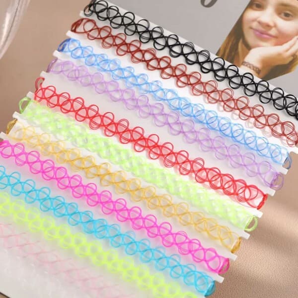 12-pack trendiga färgglada chokers, elastisk spets, flerfärgad multicolor