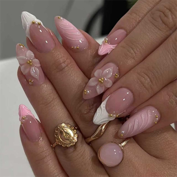 Professional Almond-Shaped 3D Flower Pattern Nail Stickers